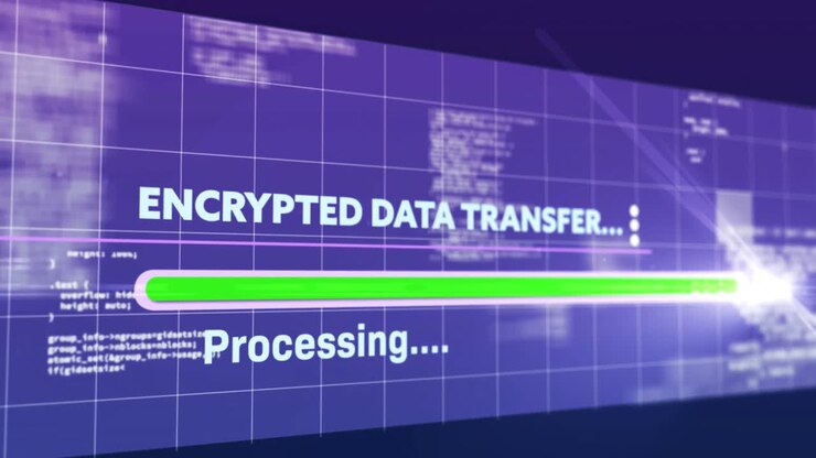 Animation of encrypted data transfer text flickering digital interface on screen