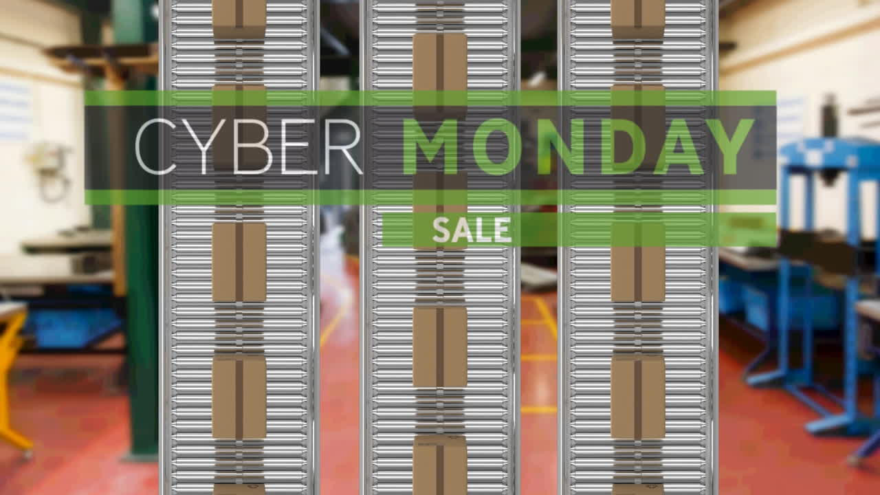 Animation of cyber monday sale text over cardboard boxes on conveyor belts