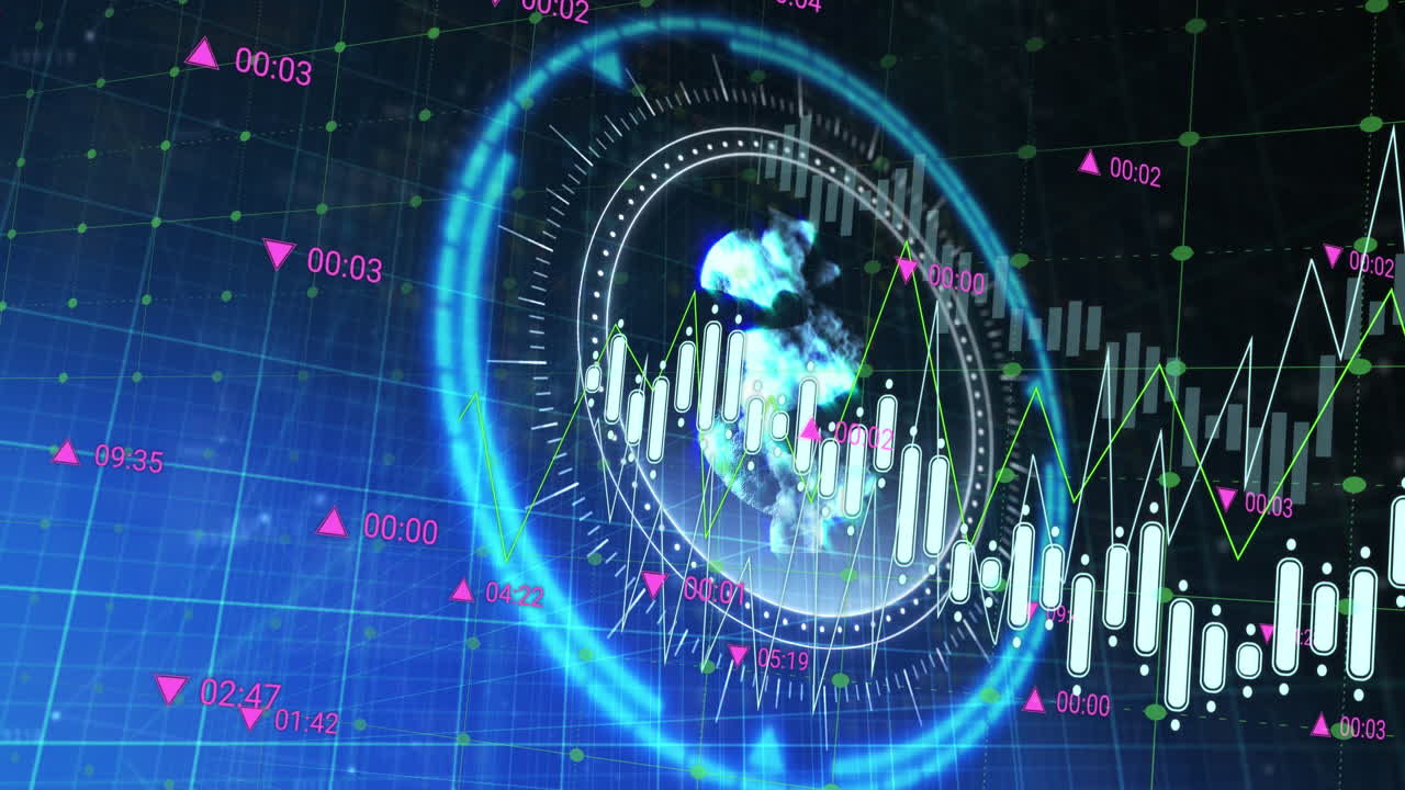 Animation of financial data processing over scope scanning with dollar symbol on black background