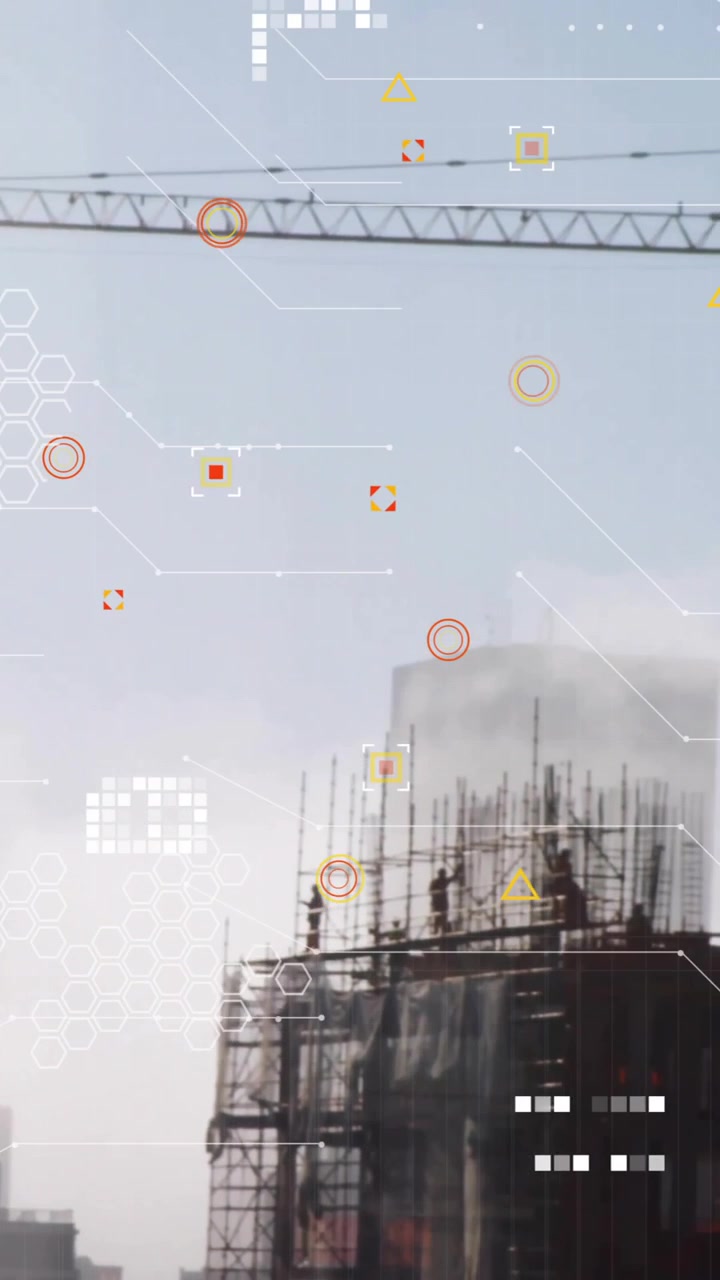 Construction site with crane and scaffolding over data processing animation