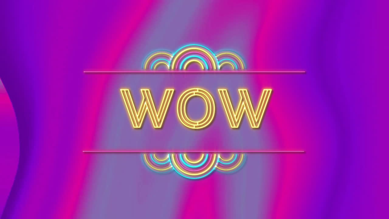 Animation of wow text over colourful shapes on purple background
