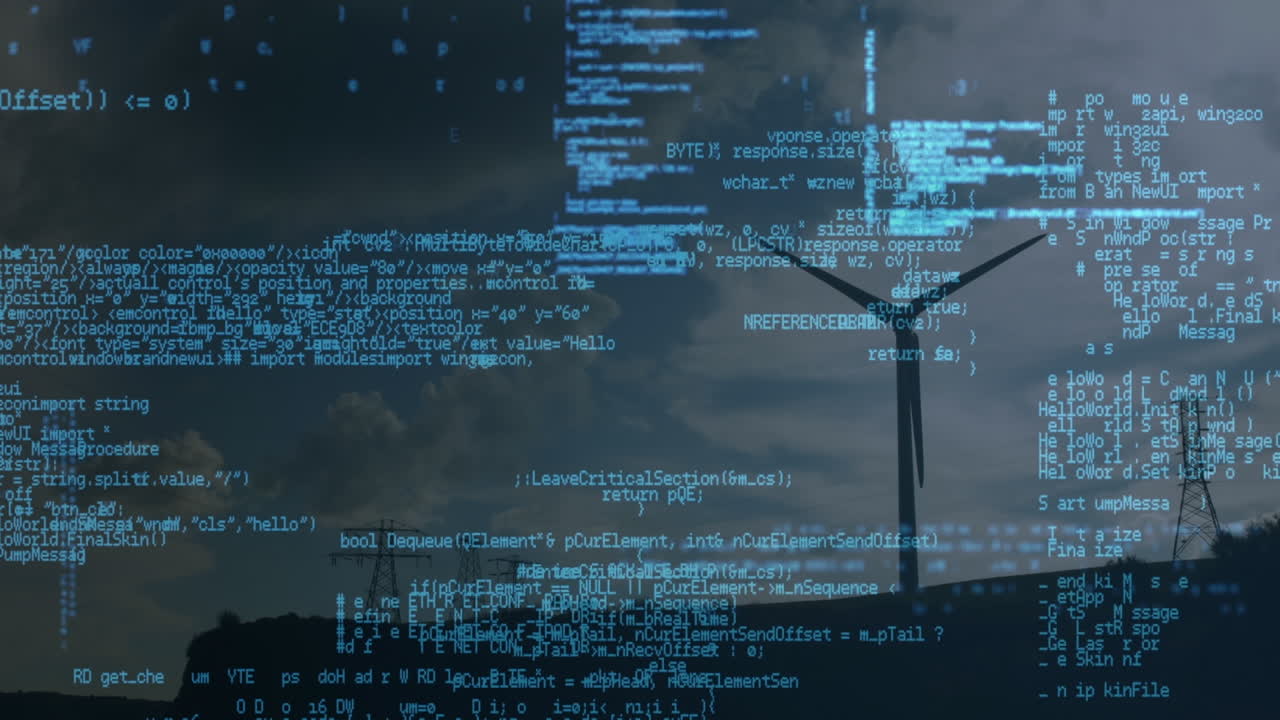 Animation of data processing over wind turbine and sky with clouds