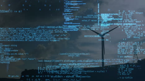animation of data processing over wind turbine and sky with clouds