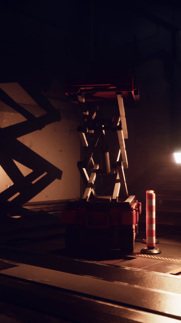 Plataforma elevadora de tijera en un entorno industrial oscuro
