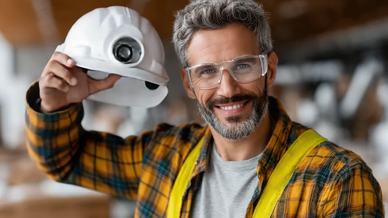 A Confident Construction Worker Smiling While Holding a Safety Helmet on a Busy Construction Site, Showcasing Professionalism and Team Spirit