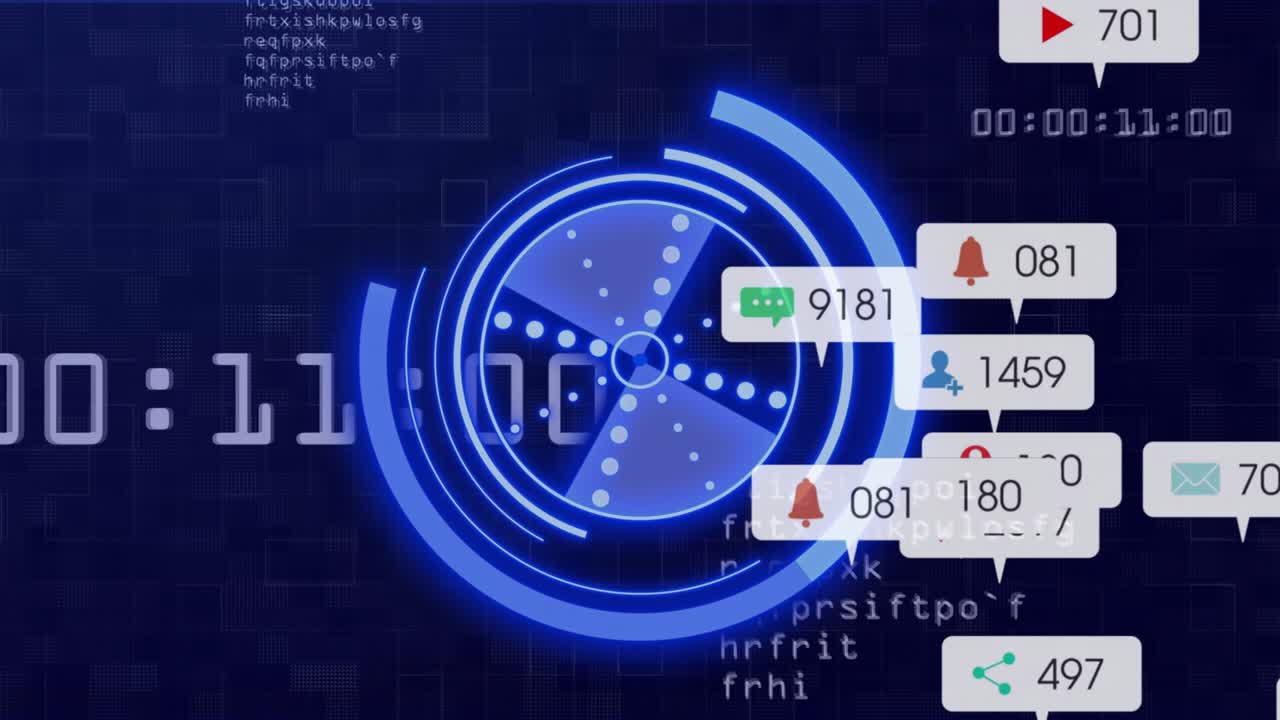 Central HUD pulsing and rotating while left-side alert burst sending badges to show data spike