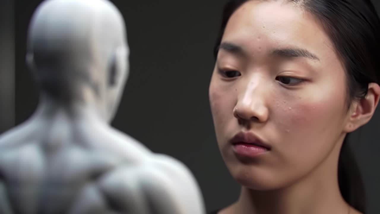 A Thoughtful Interaction Between Human and Sculpture: Exploring Connection and Artistry Through a Portrait of Emotion and Form