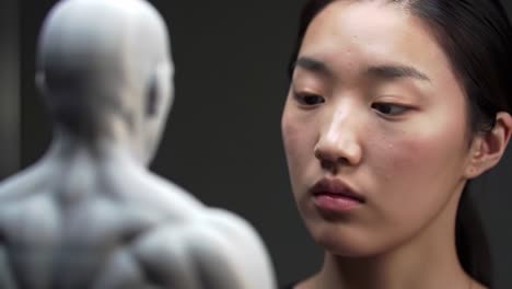 a thoughtful interaction between human and sculpture: exploring connection and artistry through a portrait of emotion and form