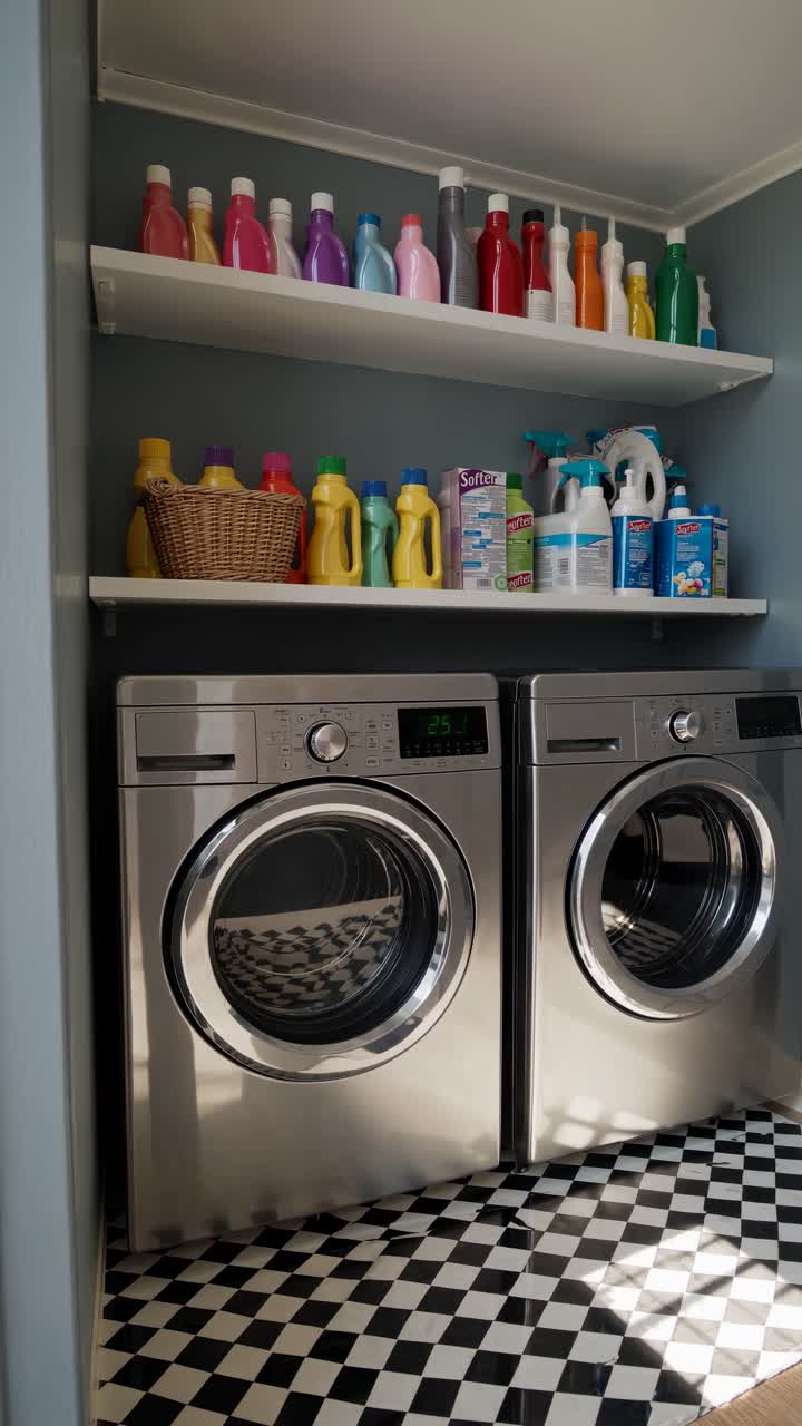 A video showcasing a modern laundry room with a low-angle view