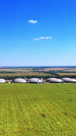 vast farmlands surrounding the modern biogas factory. drone approaching the cupolas of bio fuel plant. top view. vertical video