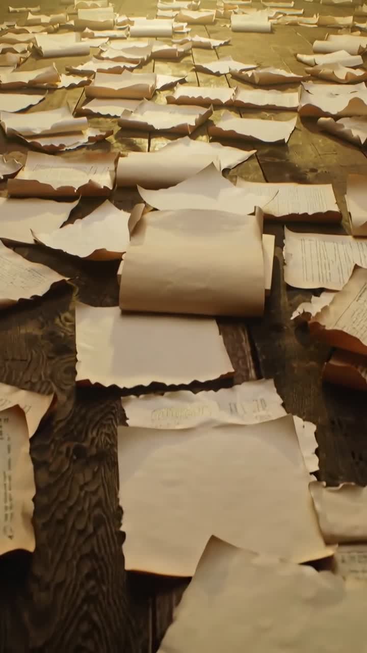 Vertical video: Pulling camera back over torn yellow pages on wooden floor, revealing rolled bundle
