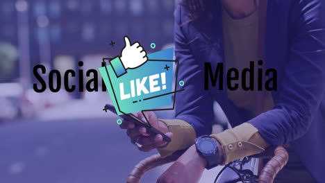 animation of social media text over biracial businesswoman using smartphone