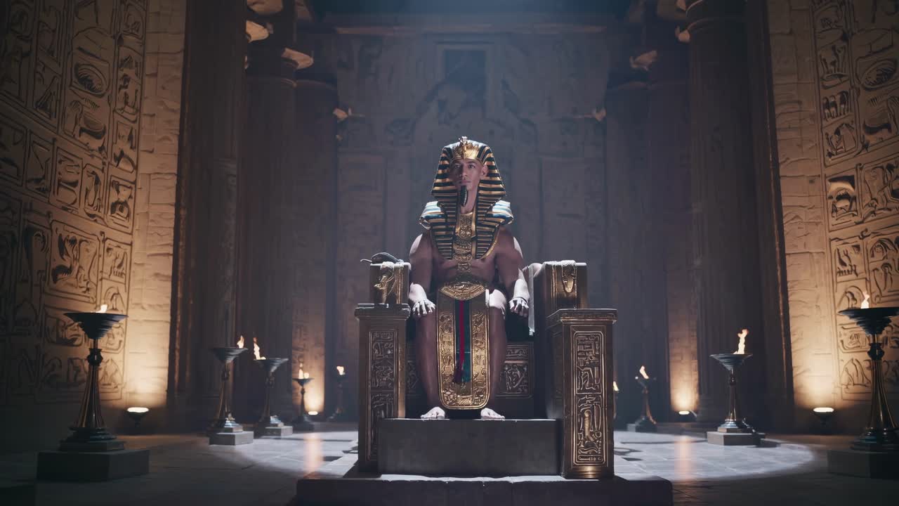 A dramatic low-angle video shot of an ancient Egyptian pharaoh statue in a dimly lit temple