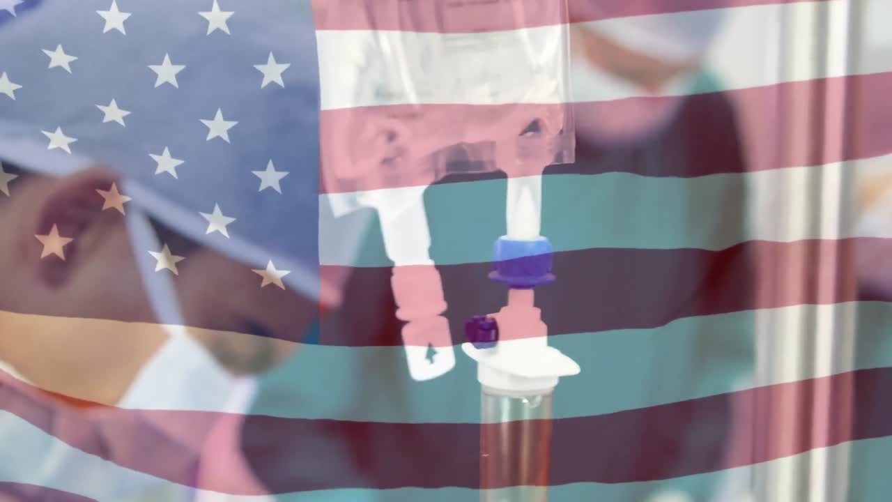 수술실 에서 외과 의사 들 위 에 흔들리는 미국 국기 의 애니메이션