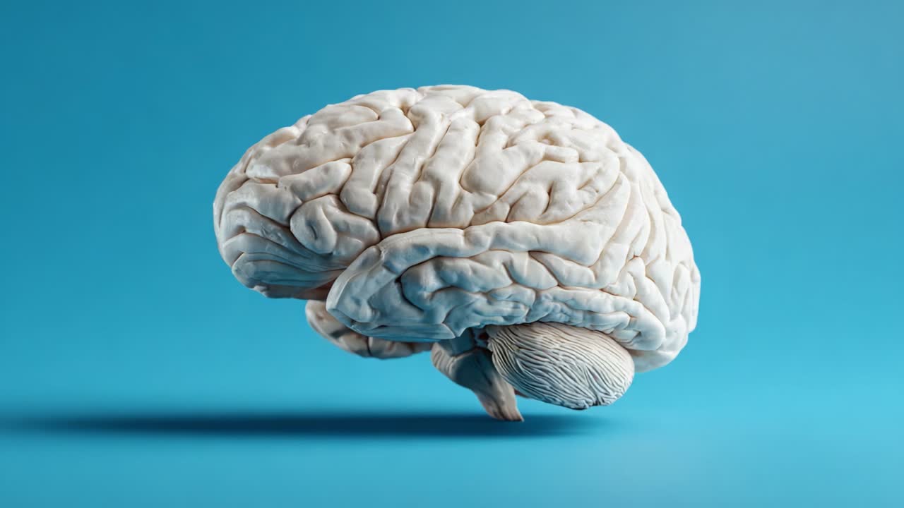 A Detailed Study of a Human Brain Model Against a Blue Background Demonstrating Neural Structure, Anatomy, and Cognitive Function with Clear Features
