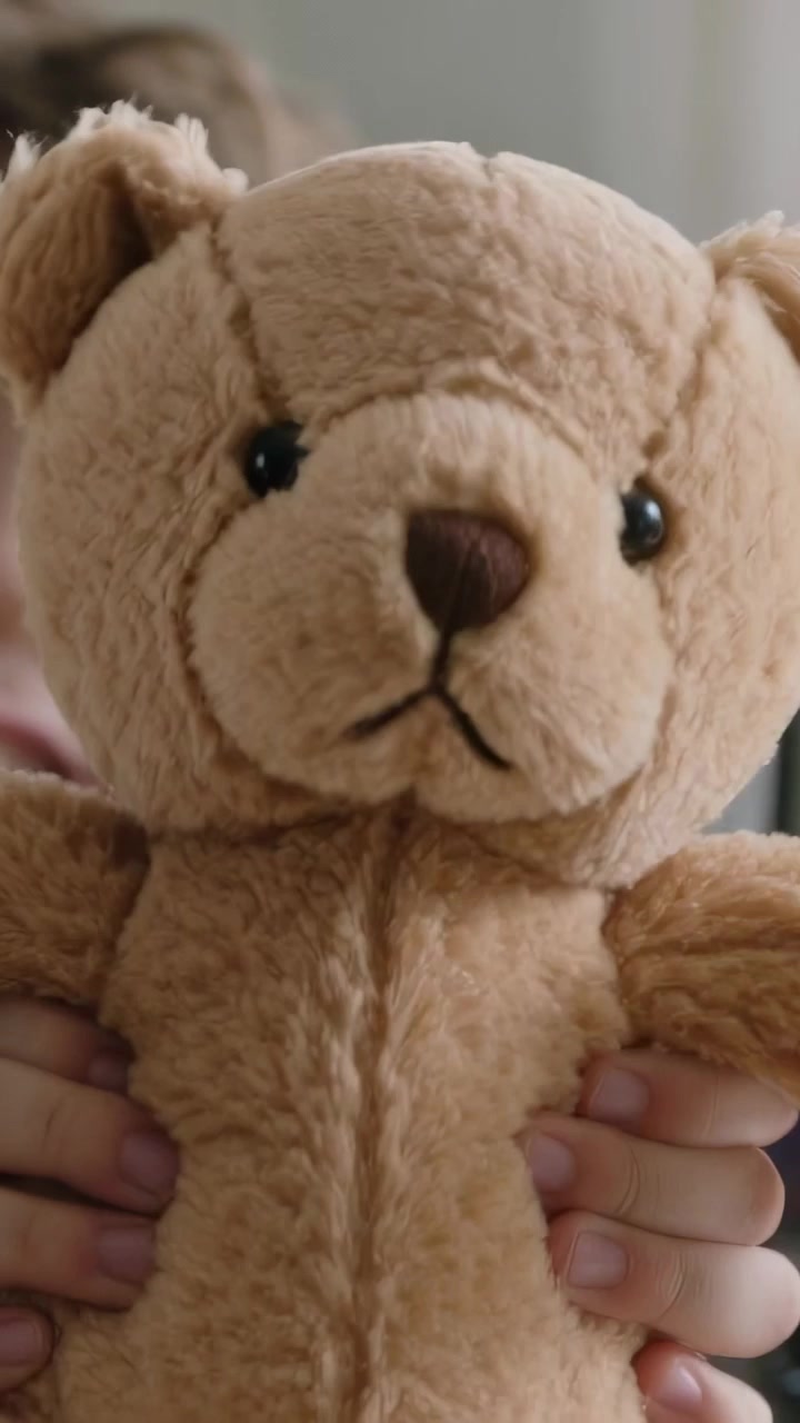 Video verticale: Bambino con maglietta azzurra che si allunga e mostra un orsetto di peluche marrone chiaro alla telecamera a casa, con un laptop