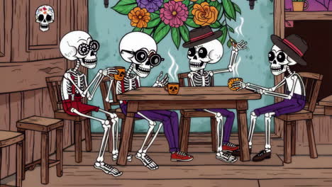 calaveras skeletons enjoying coffee at a cafe
