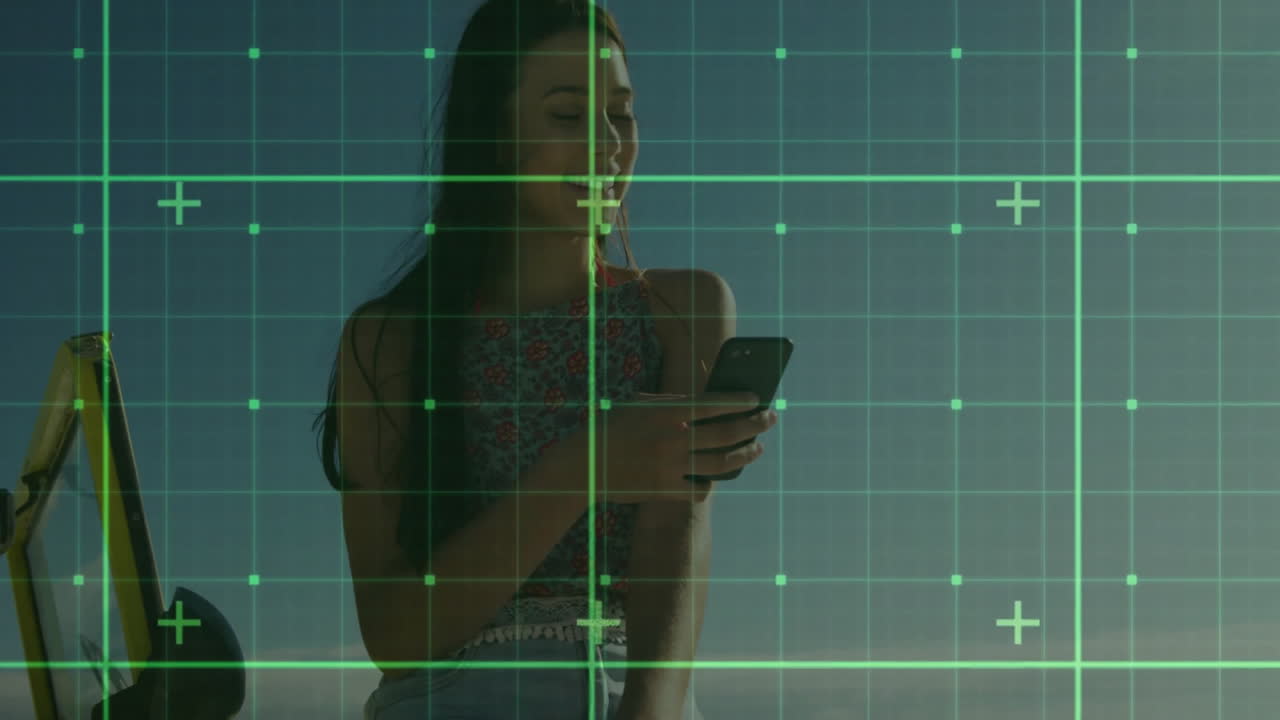 Using smartphone with digital grid overlay, woman outdoors exploring animation