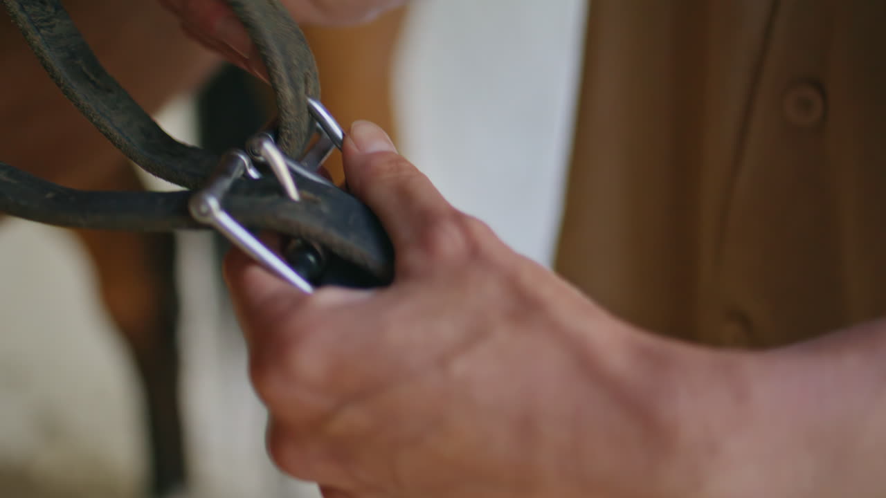 Horsewoman hands fastening belt on equine in ranch closeup. Preparing to race