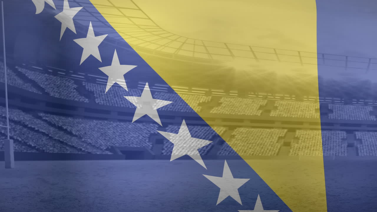 Animazione della bandiera della Bosnia ed Erzegovina sopra uno stadio sportivo