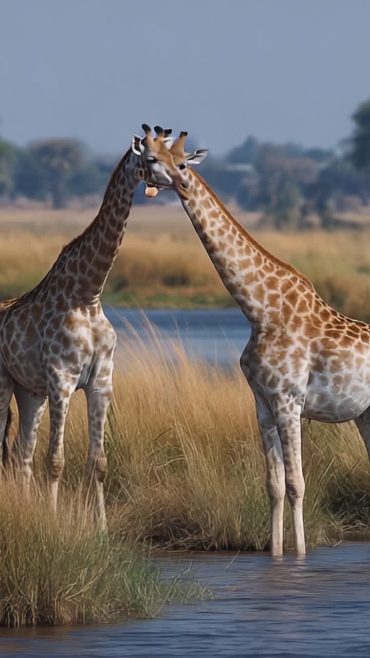 Duas girafas demonstrando afeição em um ambiente sereno de zona úmida, capturando a beleza da natureza e a interação da vida selvagem