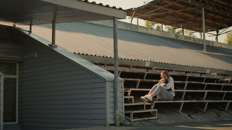 Woman seated alone on empty stadium bleachers in a thoughtful pose, hands holding her bag close, metal roof and surrounding greenery provide serene natural background