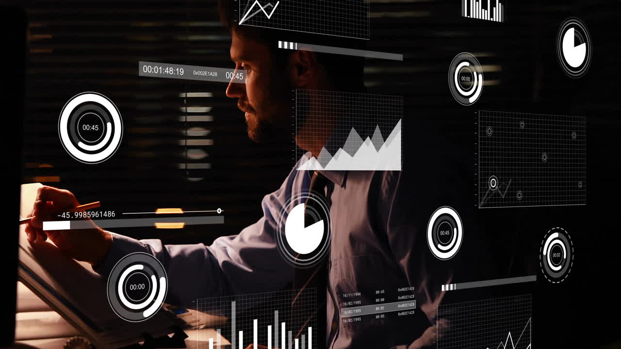 animación de la interfaz infográfica sobre el empresario caucásico enfocado dibujando un plan en la oficina