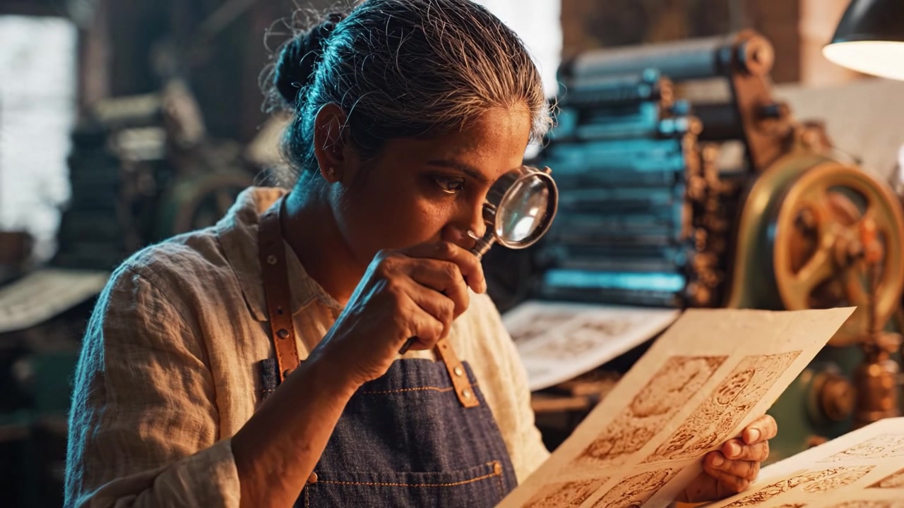 An artisan engrossed in her work, examining intricate printed designs with focus, surrounded by vintage printing equipment in a creative workshop setting.