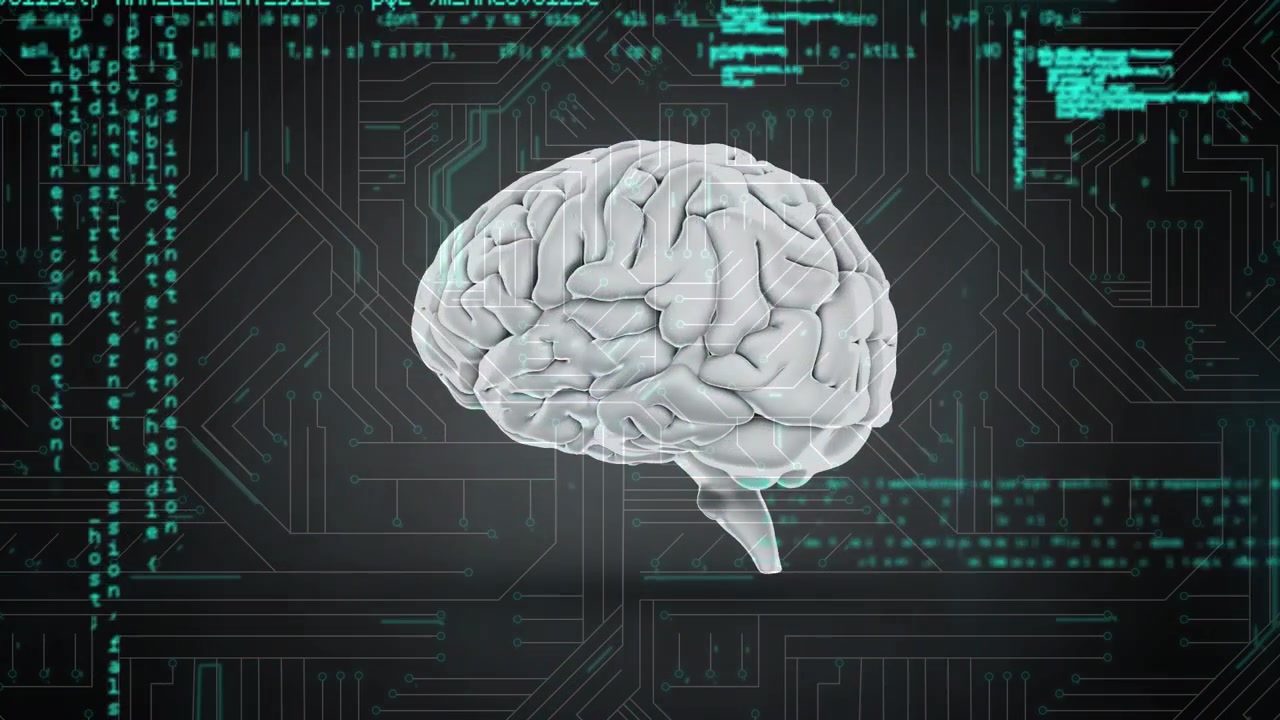 Data processing over spinning human brain against microprocessor connections on grey background