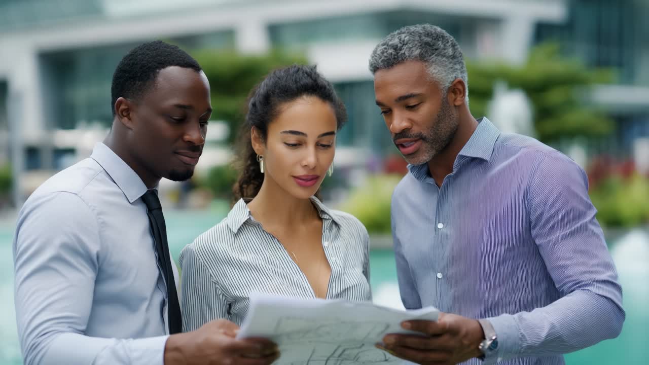 A Group of Professionals Engaged in Discussion Over Architectural Plans in an Outdoor Urban Setting, Analyzing Blueprints While Surrounded by Modern Architecture and Lush Greenery