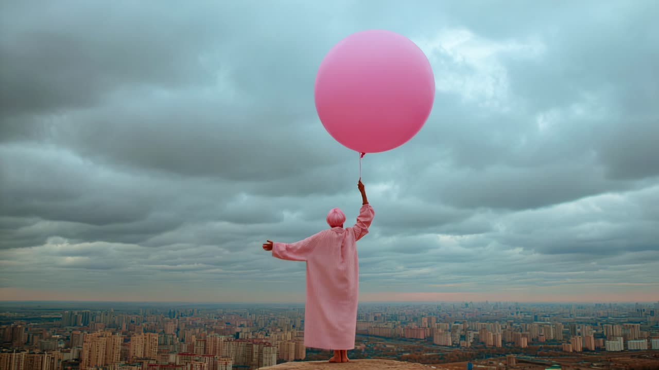 A person in a pink robe stands on a high ledge, joyfully holding a large pink balloon against a backdrop of a cloudy sky and city skyline, evoking a sense of freedom and wonder