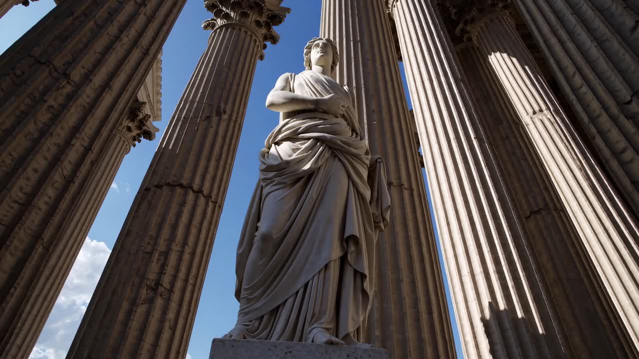 Ripresa video dal basso di una statua classica, circondata da imponenti colonne, contro un cielo azzurro.