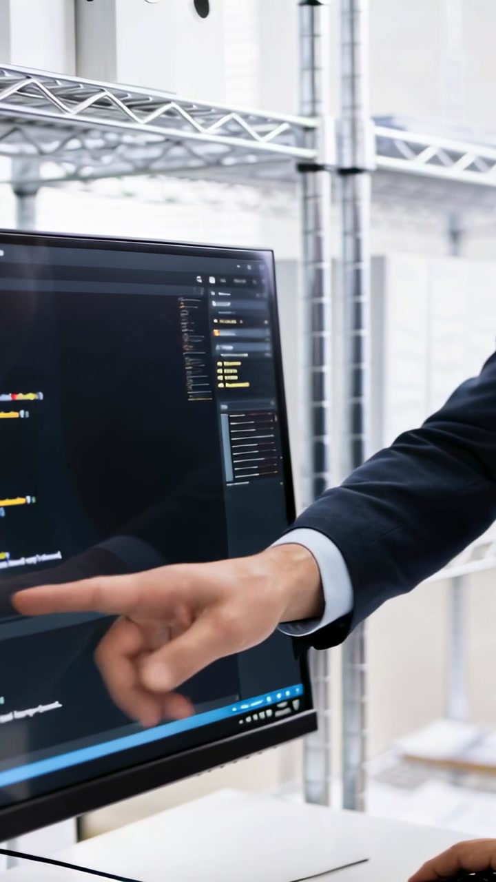 Vertical video: Pointing hand drawing lead in blazer reviewing code on screen at office, copy space