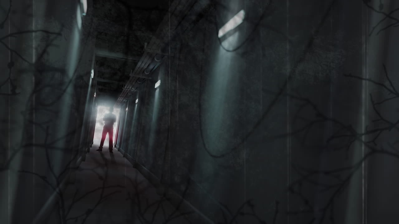 animación de películas de arañazos y árboles sobre una figura aterradora retroiluminada en la puerta de un pasillo oscuro