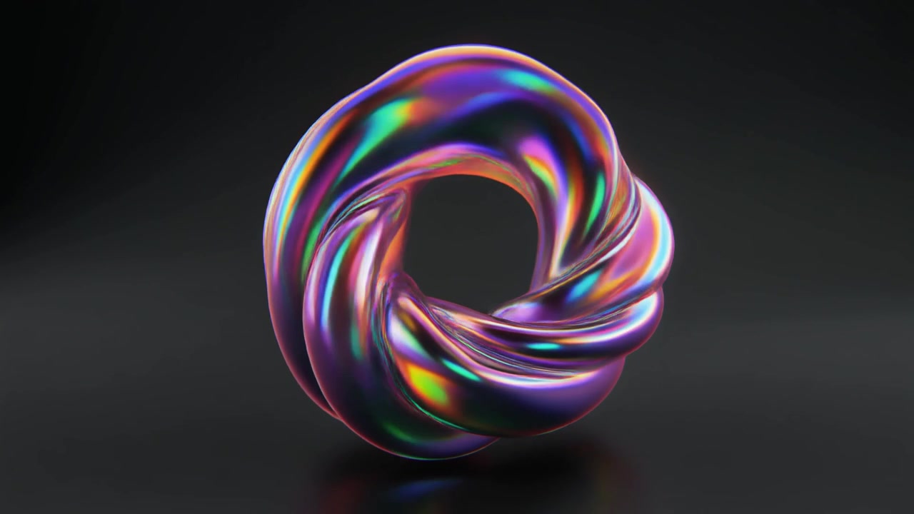 Toro metallico iridescente astratto rotante nello spazio oscuro