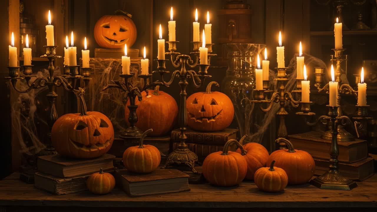 A Spooky Autumn Evening with Flickering Candles, Jack-o'-Lanterns, and Warm Orange Hues Setting the Perfect Halloween Atmosphere in a Cozy Room