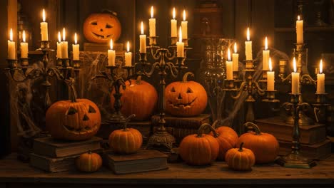 A Spooky Autumn Evening with Flickering Candles, Jack-o&#039;-Lanterns, and Warm Orange Hues Setting the Perfect Halloween Atmosphere in a Cozy Room