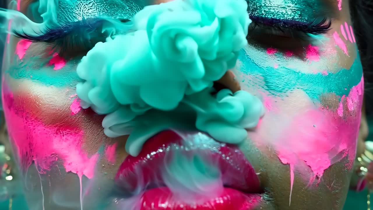 una mujer con maquillaje azul y rosa y humo saliendo de su cara