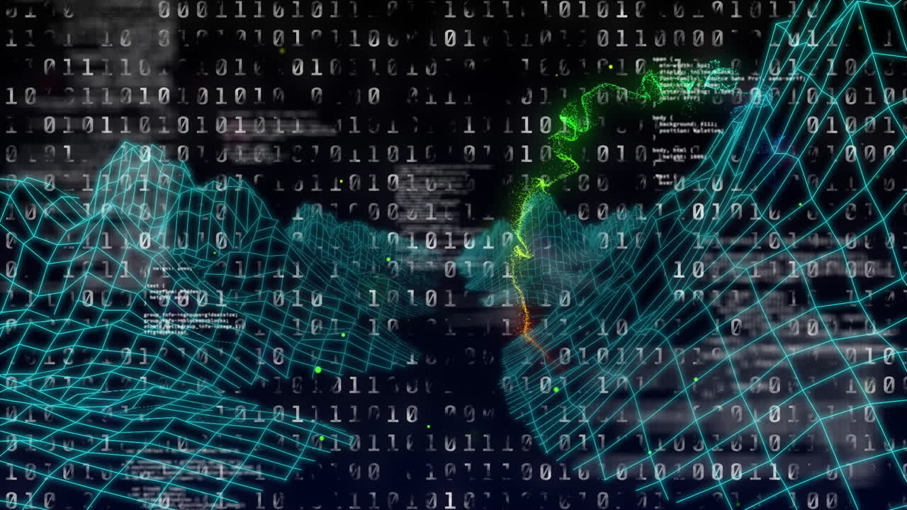 Teal 3D wireframe mesh rising through peaks and valleys, cascading binary code and floating points
