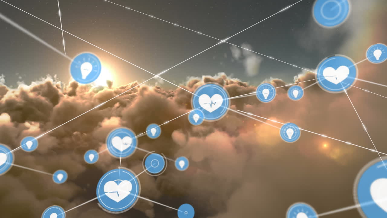 구름이 가득한 하늘 위의 아이콘과 연결된 네트워크