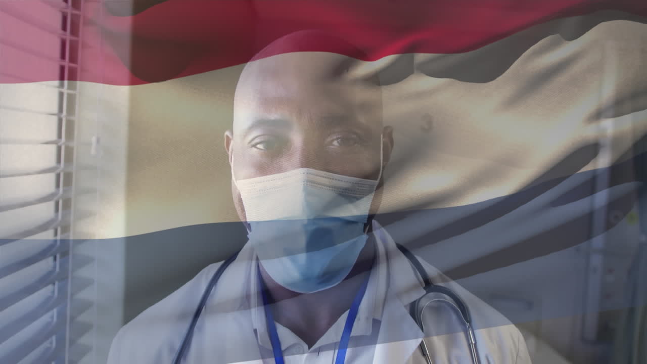 얼굴 마스크를 착용 한 의사 위에 흔들리는 네덜란드 발의 애니메이션