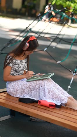mujer joven dibujando al aire libre