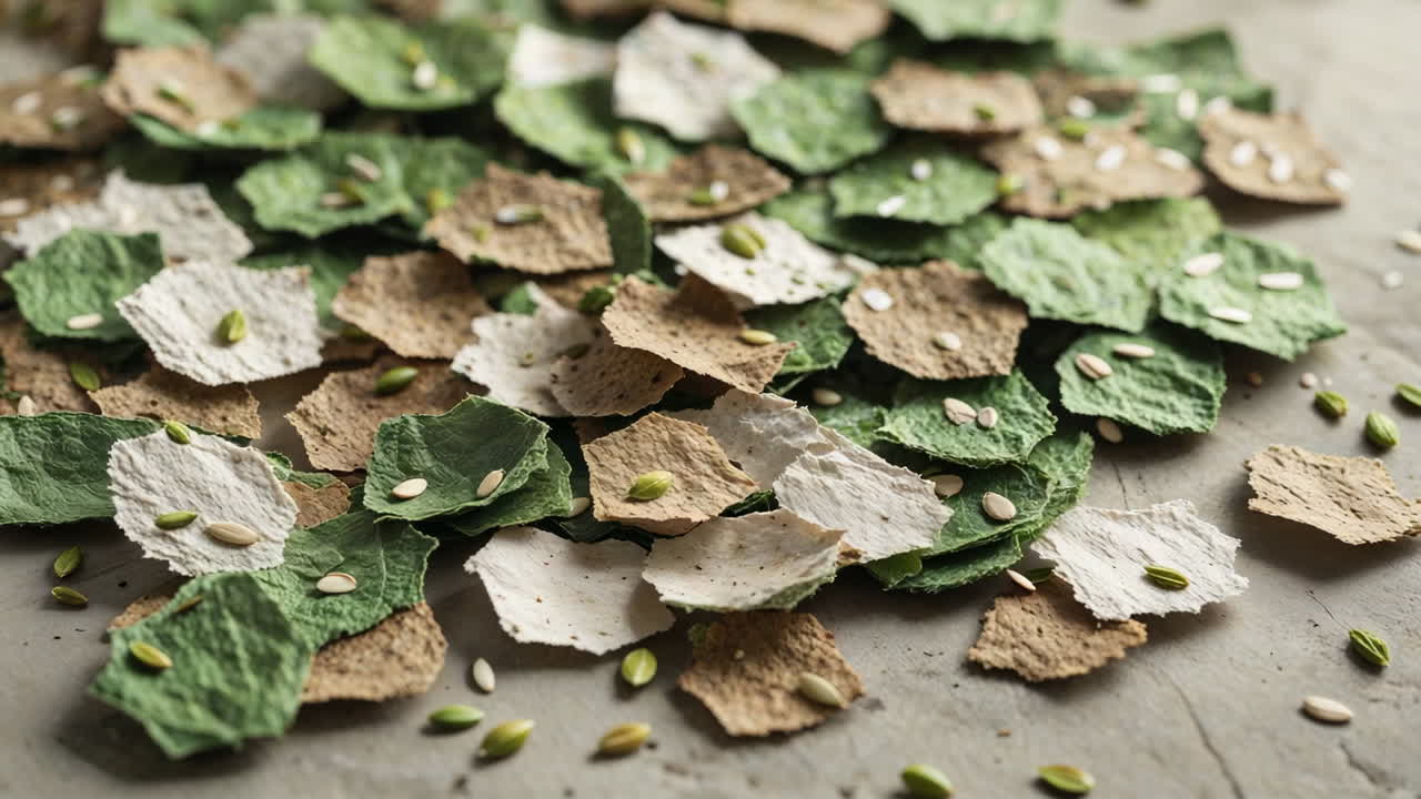Abstract Handmade Paper and Seeds on a Natural Wood Background
