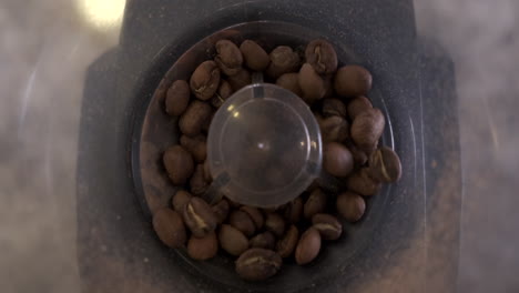 los granos de café siendo molidos en un molinillo de burr
