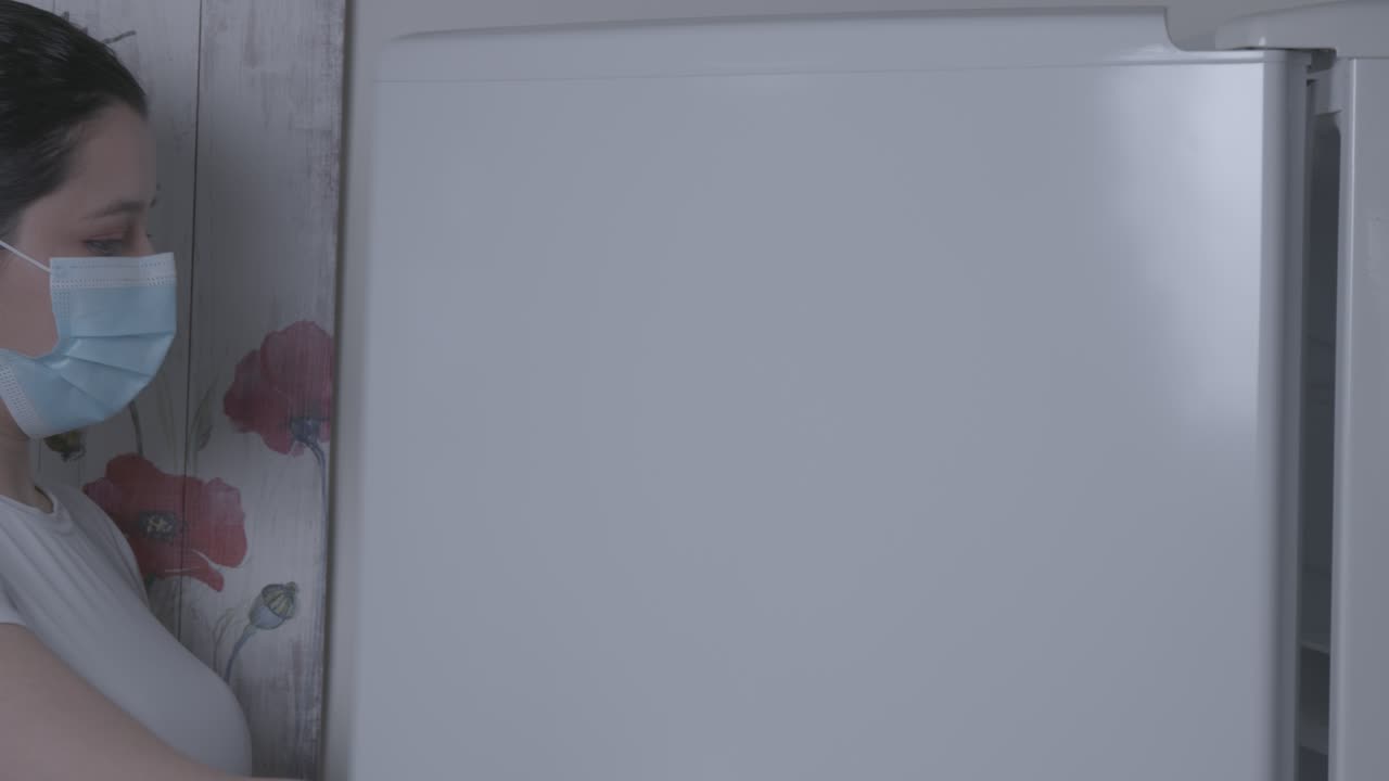 In a softly lit setting, a young girl wearing gloves and a mask cleans a fridge with smooth, careful motions, highlighting safety and hygiene practices during pandemic times