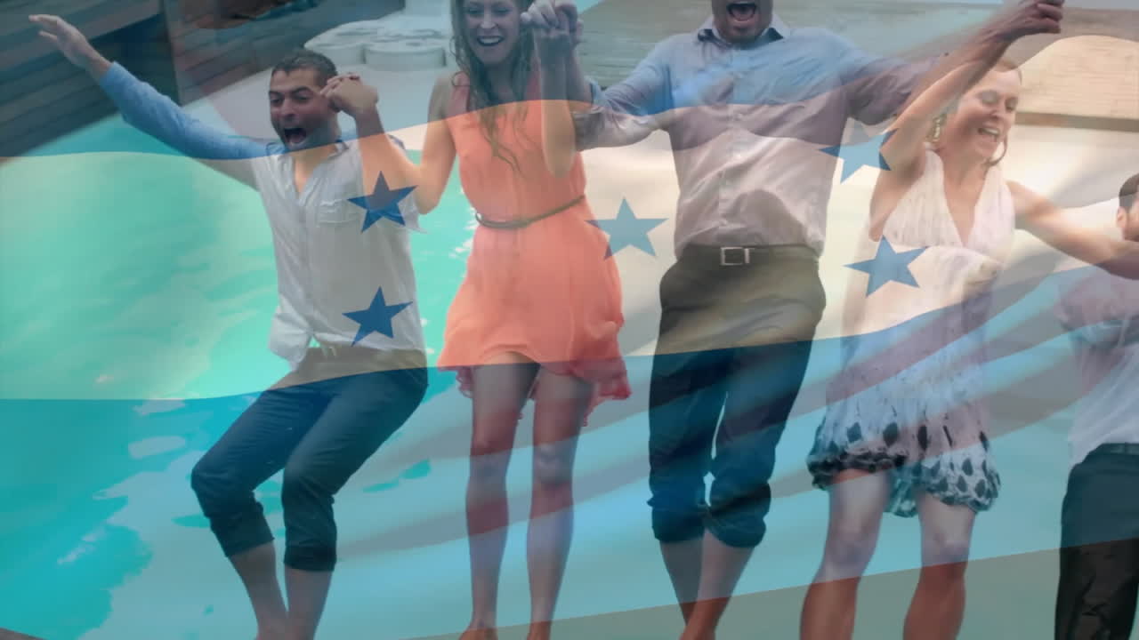 Group of people joyfully jumping into pool over flag with stars animation