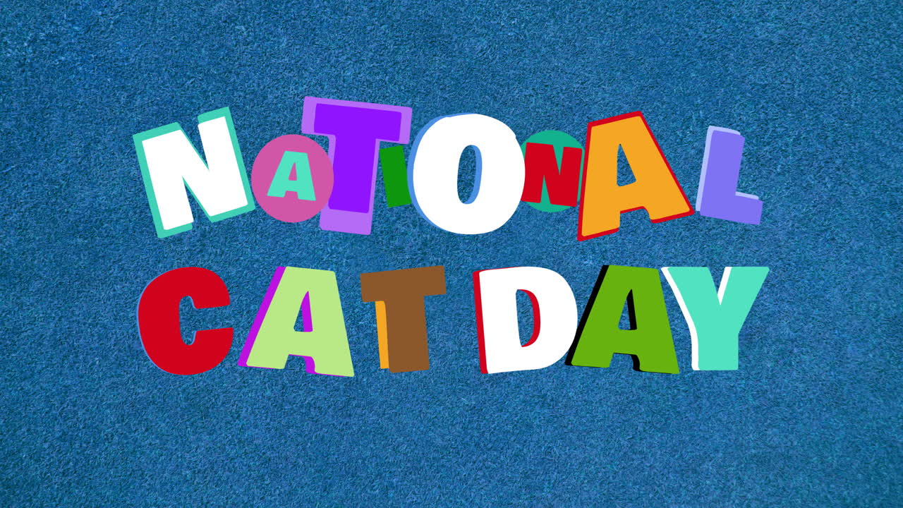 파란색 배경 위에 있는 국가 고양이의 날 텍스트의 애니메이션