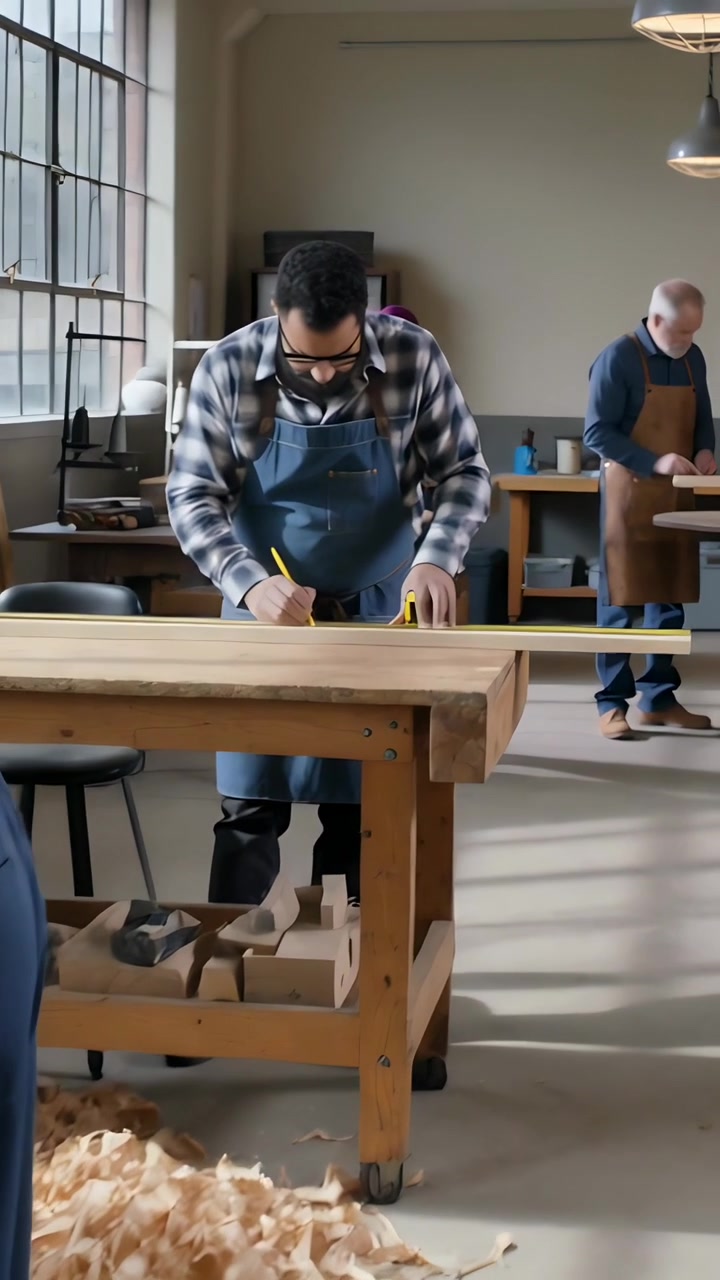 Vertikal video: Griber målebånd, arbejder i flannel måler og markerer bræt til skæring ved arbejdsbænk.