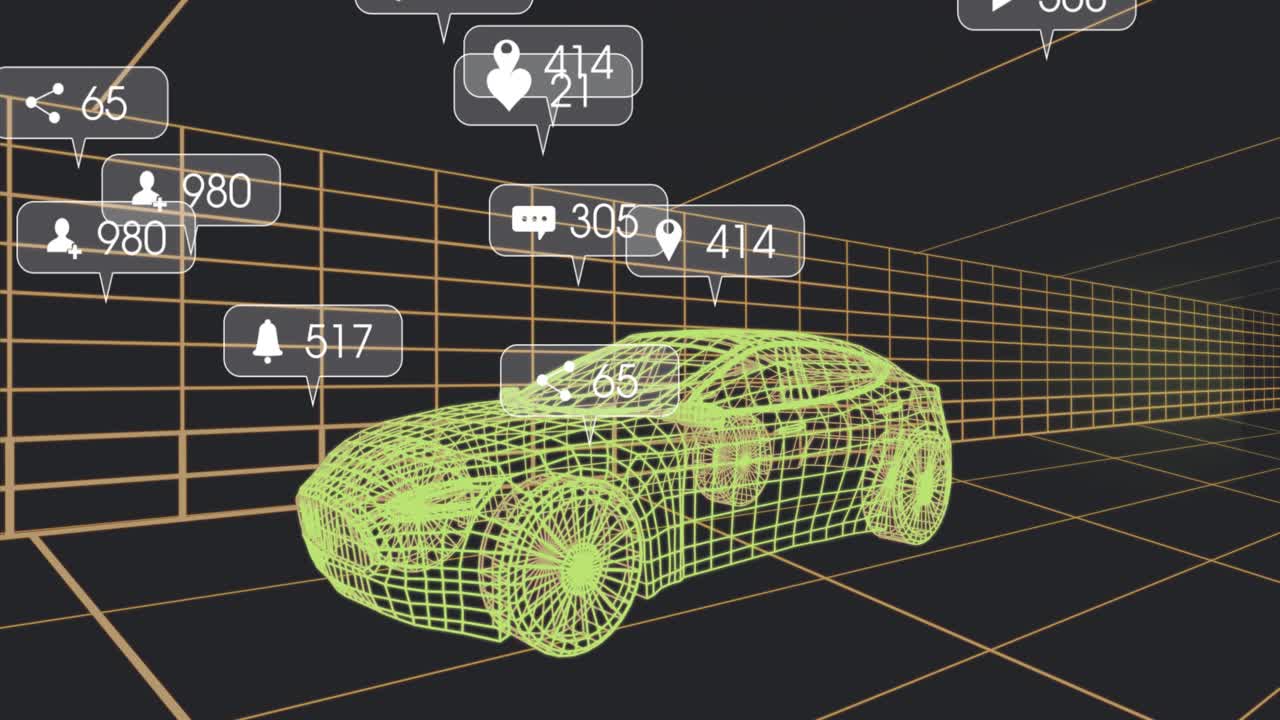 Data callout appearing, social badges emerging and clustering around wireframe car, showing metrics