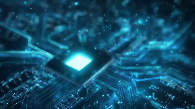 Close-up, top-down video of a glowing microchip on a circuit board, futuristic tech style